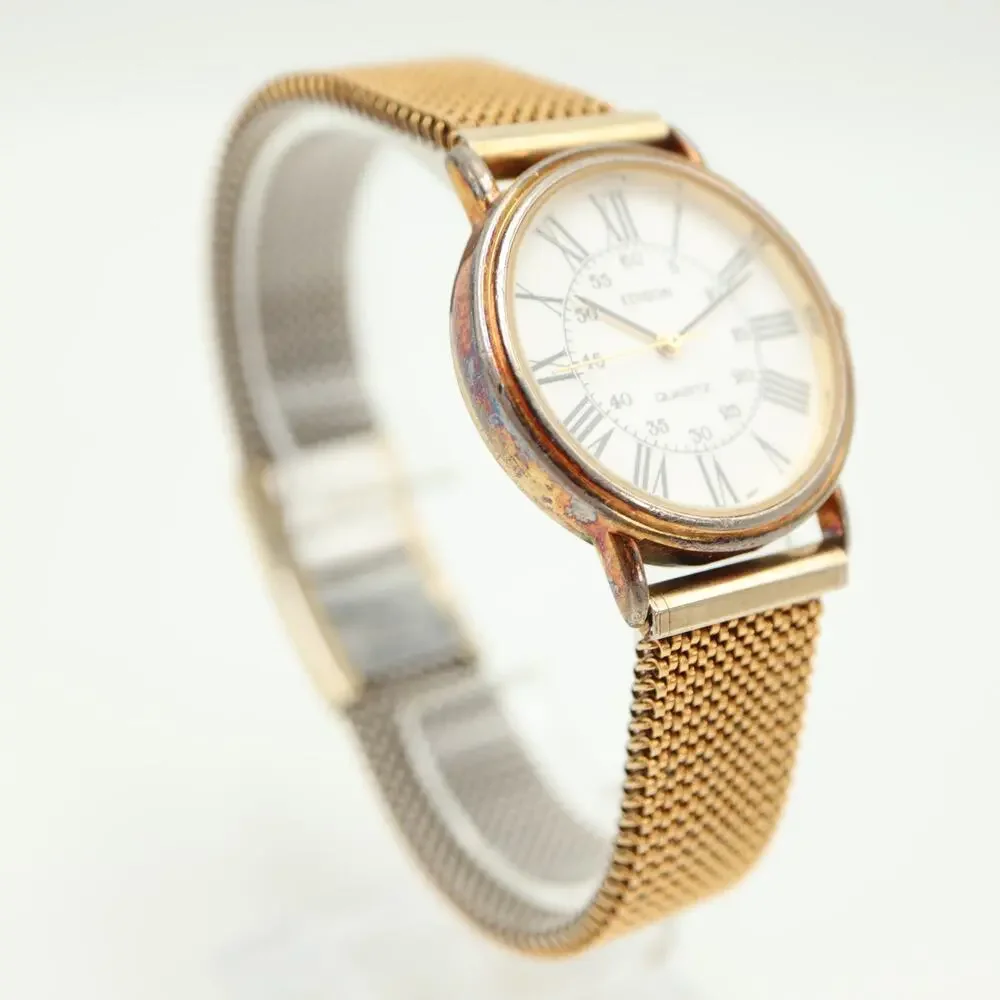 Vintage Edison Gold Tone Unisex 32mm Dress Watch Stretchy Band w New Battery